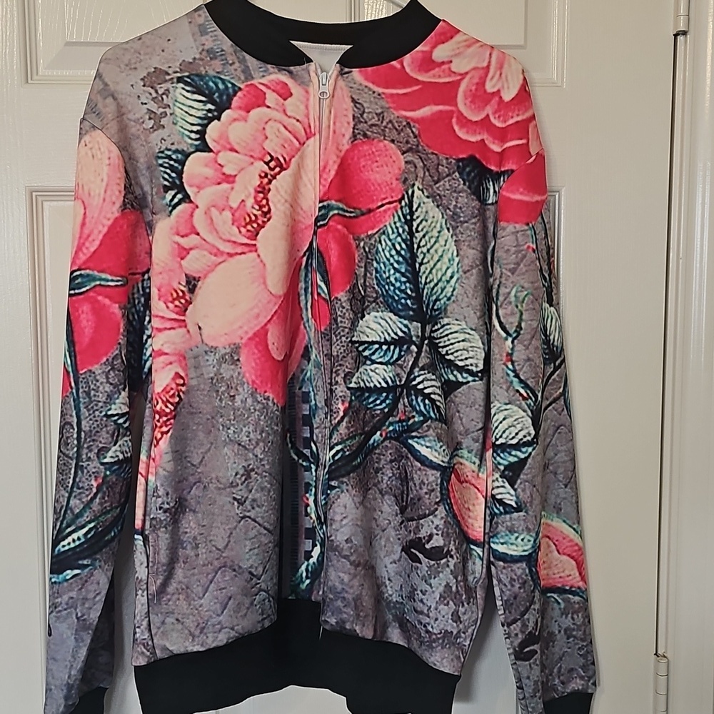New Retro Y2K Lightweight Bomber Jacket Floral Full Zip Large - Picture 2 of 13